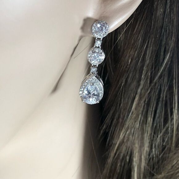 Sterling Silver CZ Teardrop Bride Earrings - Picture 4 of 7